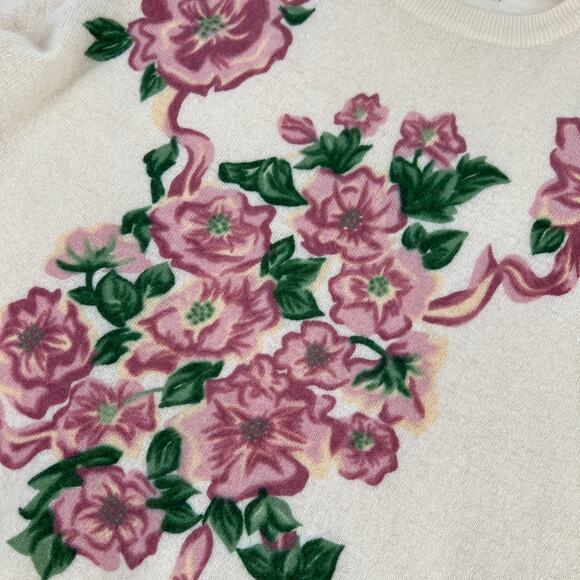 Vintage Floral Sweater Womens Large Stretch Knit Sweater Painted Pink Crew Neck - Picture 4 of 8